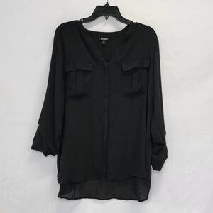 A.n.a Black Semi-Sheer Button-Up Roll Tab Long Sleeve Droptail Hem V-neck Top